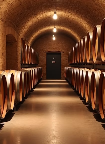 wine barrels in winery